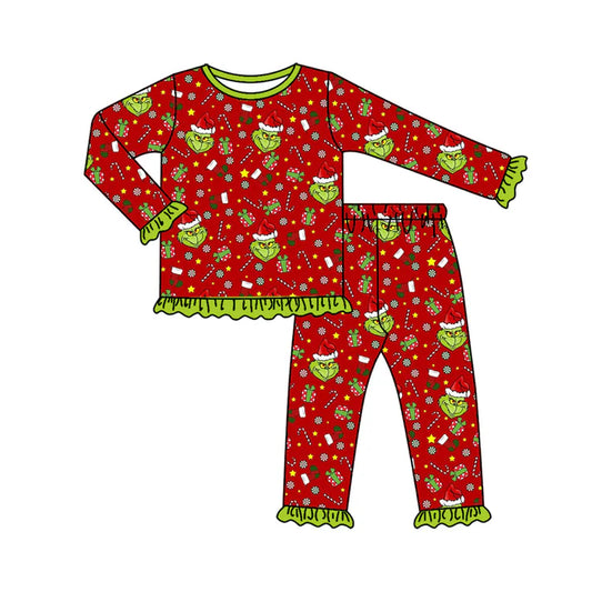 Preorder (moq 5)Baby Girls Green Face Candy Cane Top Pants Christmas Pajamas Set 8.1