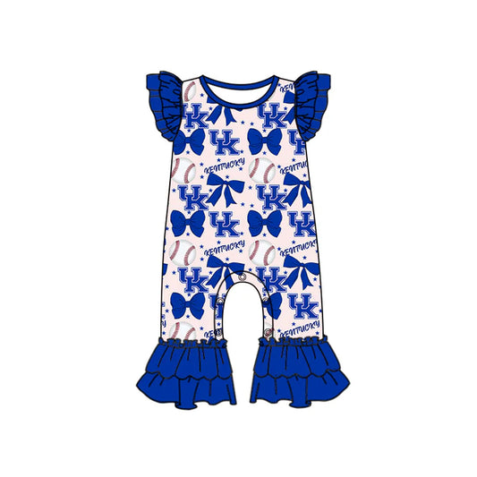 Preorder (moq 5)Baby Girls Blue Flutter Sleeves Baseball Bows UK Ruffle Pant Team Rompers 6.16