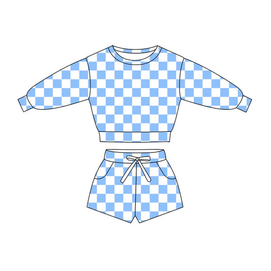 Preorder(moq 5) Baby Girls Blue Checked Long Sleeve Pockets Shorts Clothes Sets 10.27