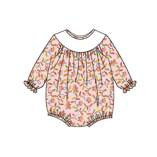 Preorder (moq 5)Baby Girls Long Sleeves Pink Lights Gingerbread Plaid Ruffle Romper 7.4
