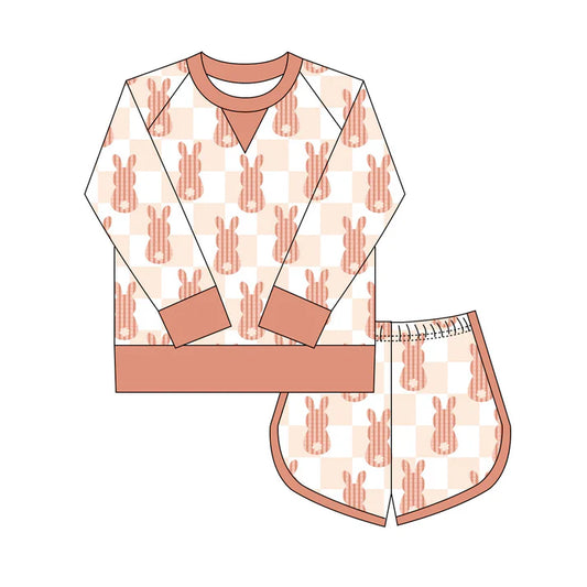 Preorder(moq 8)Baby Girls Orange Checked Rabbits Long Sleeve Top Shorts Easter Clothes Set 9.27