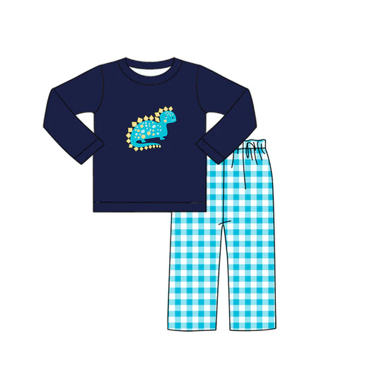 Preorder (moq 5)Baby Boys Navy Dinosaur Top Checkered Bottom Pants Clothes Sets 7.21