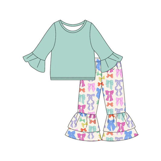 Preorder (moq 5)Baby Girls Green Long Sleeve Top Bows Ruffle Pants Sets 8.29