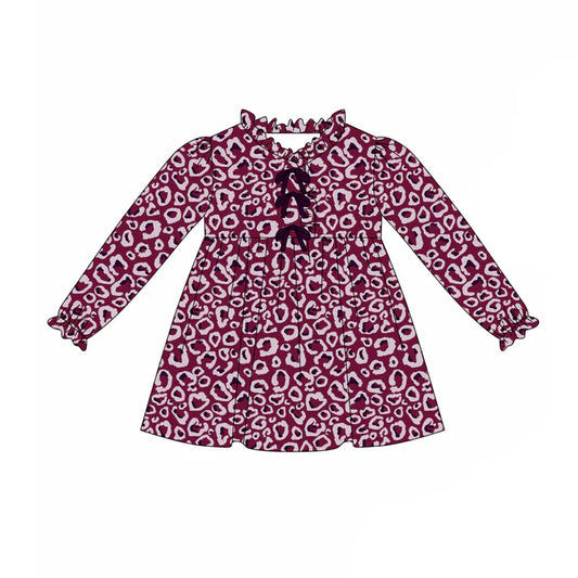 Preorder (moq 5)Baby Girls Maroon Leopard Bows Knee Length Dresses 8.7