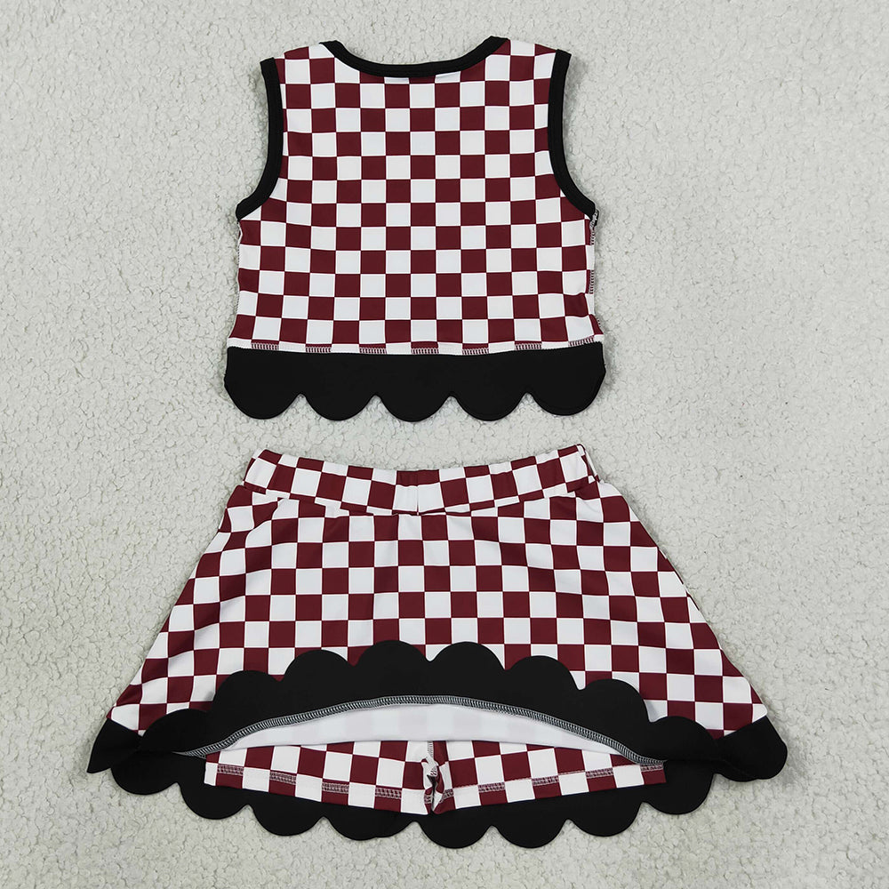 Baby Girls Clothes Maroon Checked Gamecocks Top Bows Skirt Short Scallop Team Clothes Set GSD4288