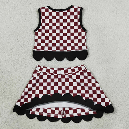 Baby Girls Clothes Maroon Checked Gamecocks Top Bows Skirt Short Scallop Team Clothes Set GSD4288