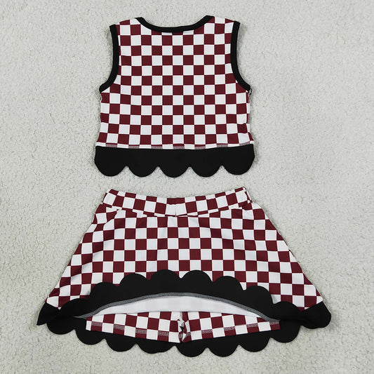 Baby Girls Clothes Maroon Checked Gamecocks Top Bows Skirt Short Scallop Team Clothes Set GSD4288