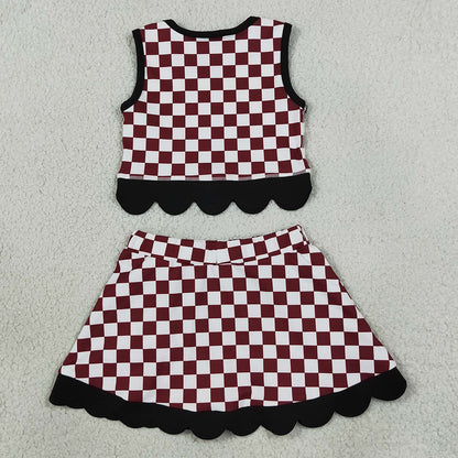 Baby Girls Clothes Maroon Checked Gamecocks Top Bows Skirt Short Scallop Team Clothes Set GSD4288