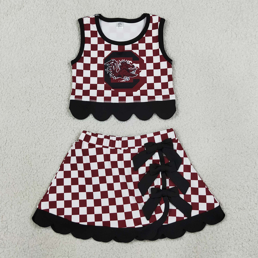 Baby Girls Clothes Maroon Checked Gamecocks Top Bows Skirt Short Scallop Team Clothes Set GSD4288
