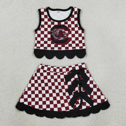 Baby Girls Clothes Maroon Checked Gamecocks Top Bows Skirt Short Scallop Team Clothes Set GSD4288
