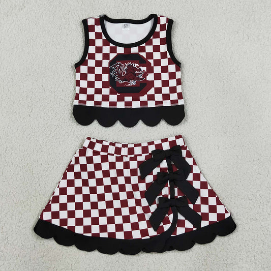 Baby Girls Clothes Maroon Checked Gamecocks Top Bows Skirt Short Scallop Team Clothes Set GSD4288