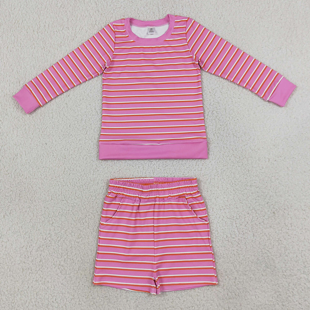 Baby Girls Clothes Pink Stripe Long Sleeve Top Pockets Short Yoga Active Clothes Set GLS0126
