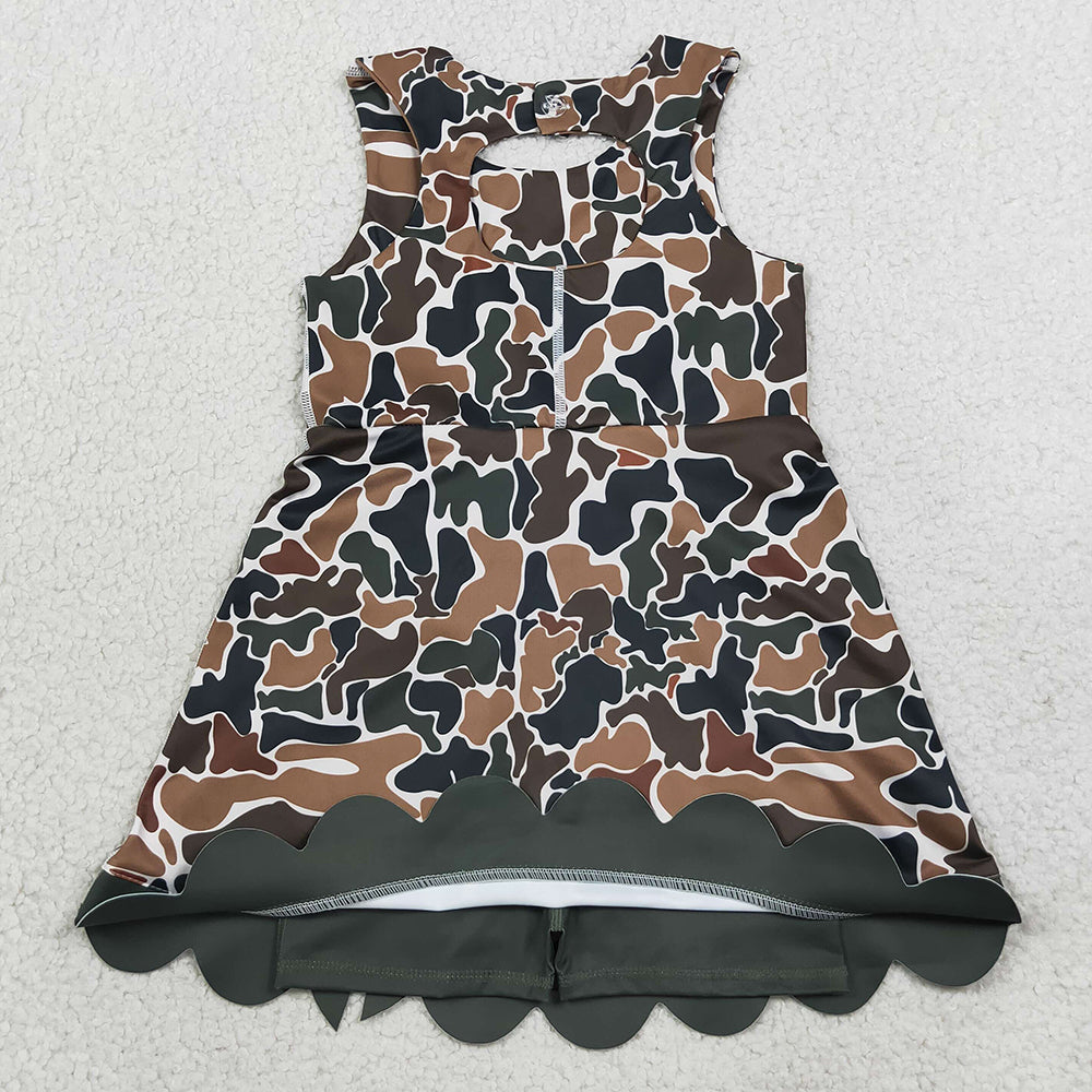 Baby Girls Dress Dark Brown Camo Yoga Active Short Bows Scallop Knee Length Dress GSD4229