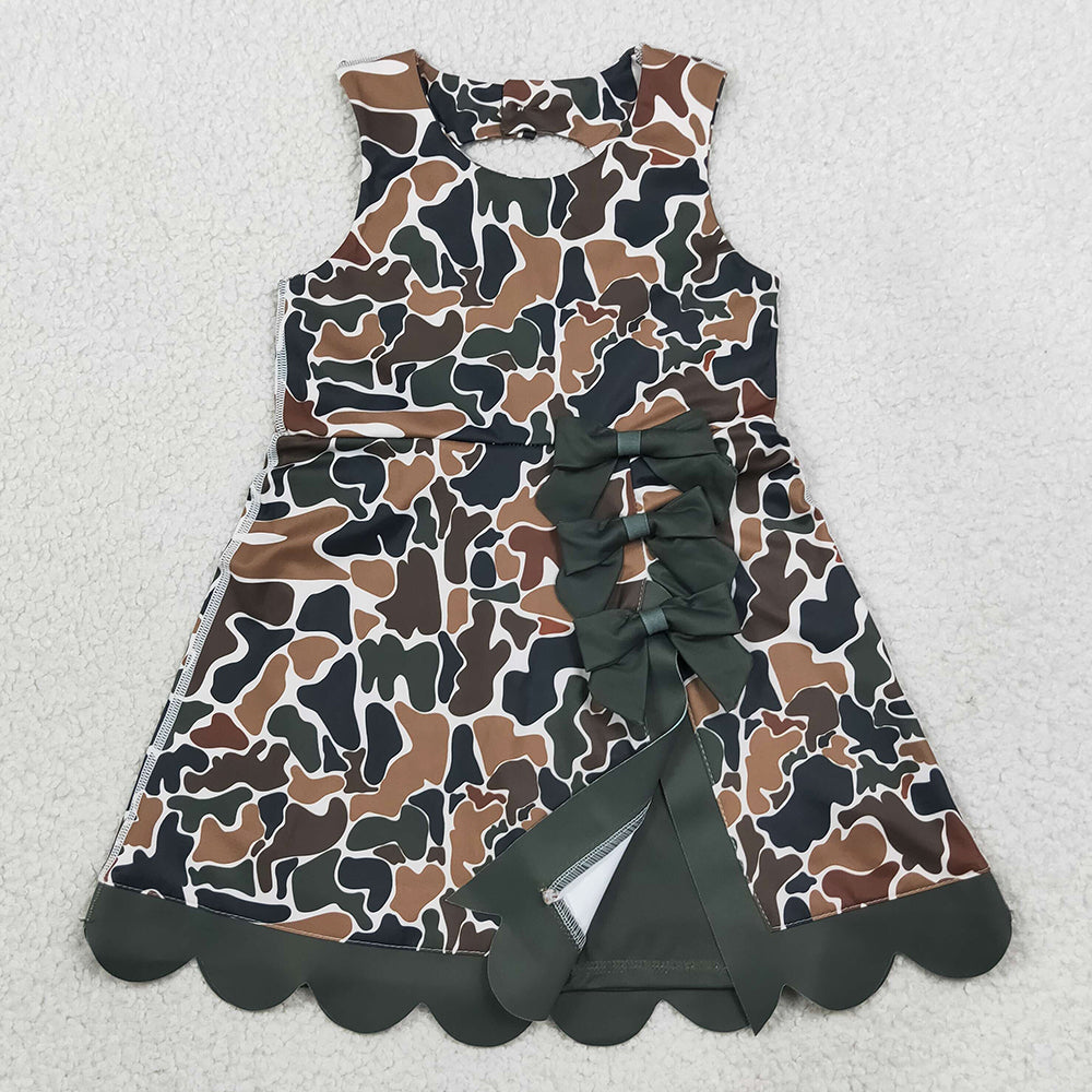 Baby Girls Dress Dark Brown Camo Yoga Active Short Bows Scallop Knee Length Dress GSD4229