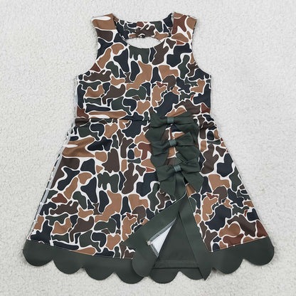 Baby Girls Dress Dark Brown Camo Yoga Active Short Bows Scallop Knee Length Dress GSD4229