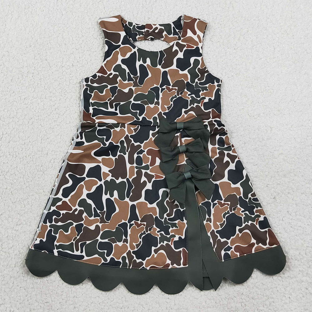 Baby Girls Dress Dark Brown Camo Yoga Active Short Bows Scallop Knee Length Dress GSD4229