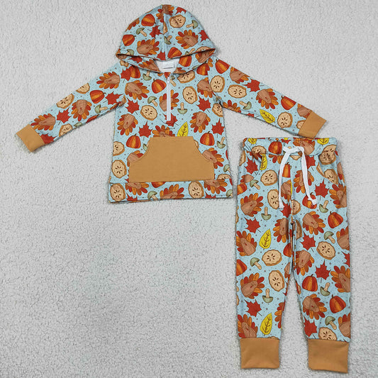 Baby Boys Clothes Pumpkins Turkey Zip Pockets Hoodie Joggers Thanksgivings Clothes Set BLP1505