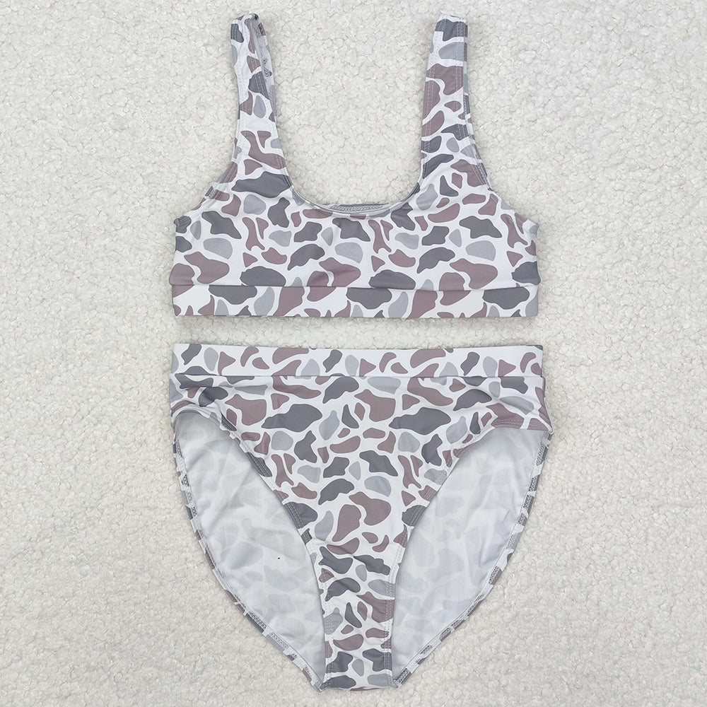 Adult Women Swim Trunks Light Grey Camo Top Bottom Swimsuits Sets S0459