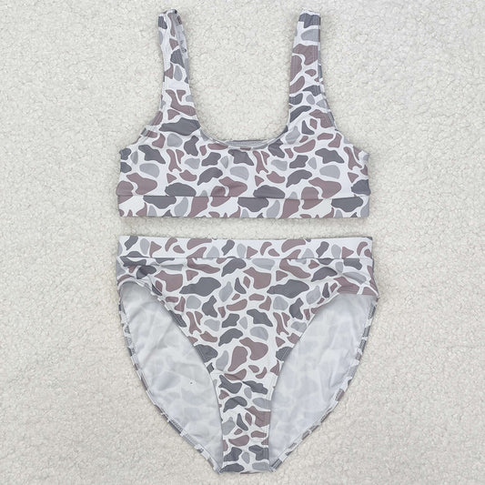 Adult Women Swim Trunks Light Grey Camo Top Bottom Swimsuits Sets S0459