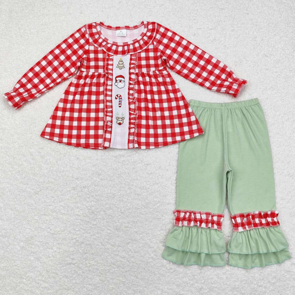 Baby Girls Clothes Checkered Santa Claus Tunic Top Ruffle Pants Sets GLP1439