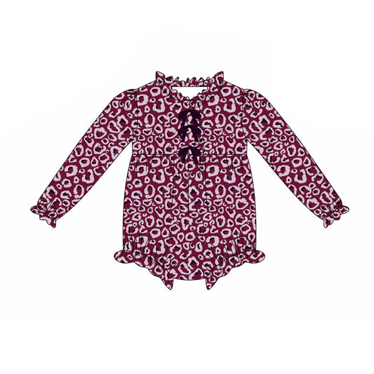 Preorder(moq 5)Baby Girls Maroon Leopard Bows Bows Rompers 8.7