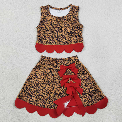 Baby Girls Clothes Leopard Vest Bows Skirts Shorts Yoga Active Scallop Clothes Set GSD4234