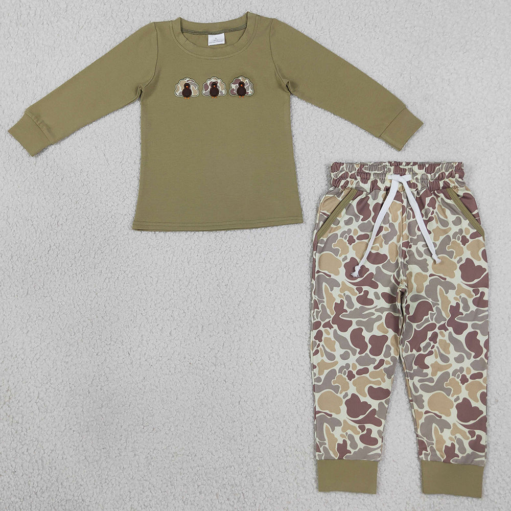 Baby Boys Clothes Embroidery Camo Turkey Top Pockets Jogger Thanksgiving Clothes Set BLP1474