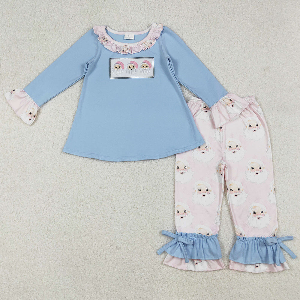 Baby Girls Clothes Christmas Blue Santas Claus Tunic Ruffle Pants Sets GLP1226 9.9