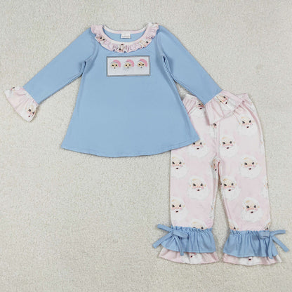 Baby Girls Clothes Christmas Blue Santas Claus Tunic Ruffle Pants Sets GLP1226 9.9