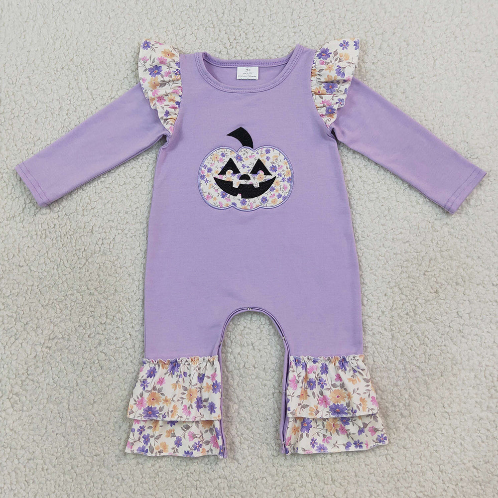 Baby Girls Rompers Embroidery Flowers Ghost Pumpkin Halloween Ruffle Pant Rompers LR3221