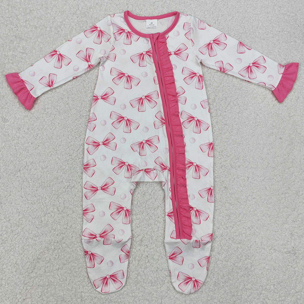 Baby Infant Girls Rompers Pink Bows Ruffle Zip Rompers LR1770