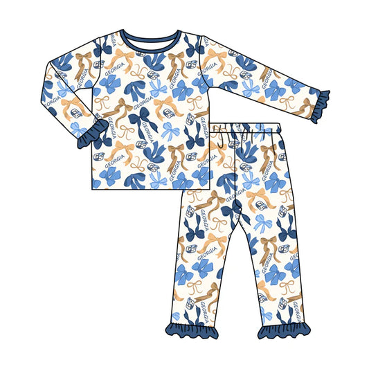 Preorder MOQ 5 Long sleeves G S blue bow kids girls team pajamas 8.21
