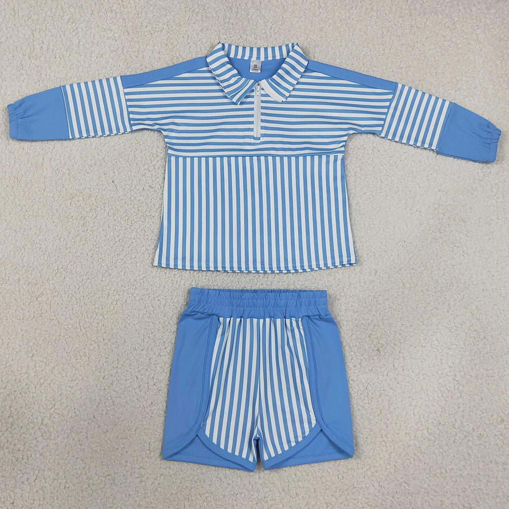 Baby Girls Clothes Blue Stripe Zip Pullovers Shorts Yoga Active Clothes Sets GLS0107