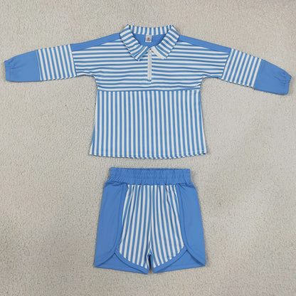 Baby Girls Clothes Blue Stripe Zip Pullovers Shorts Yoga Active Clothes Sets GLS0107