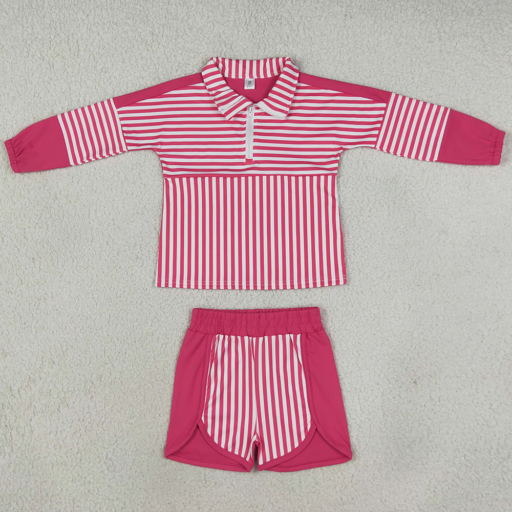 Baby Girls Clothes Pink Stripe Zip Pullovers Shorts Yoga Active Clothes Sets GLS0106