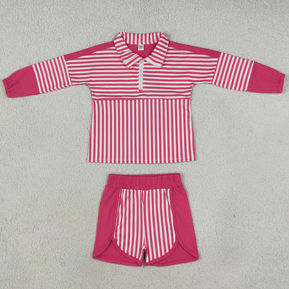 Baby Girls Clothes Pink Stripe Zip Pullovers Shorts Yoga Active Clothes Sets GLS0106