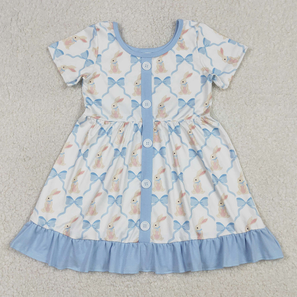 Baby Girls Dress Bows Rabbits Checked Button Easter Ruffle Knee Length Dresses GSD3416 1.1