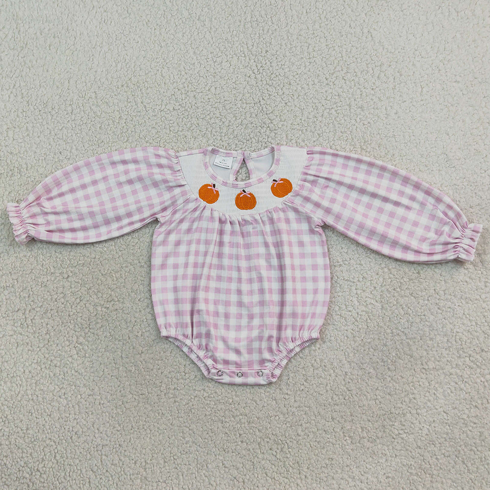 Baby Girls Rompers Smocked Pumpkins Pink Checked Fall Ruffle Rompers LR3106