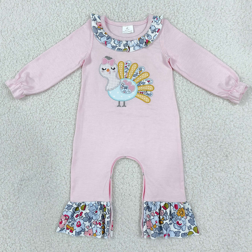 Baby Girls Embroidery Flowers Turkey Thanksgivings Ruffle Pant Rompers LR3216