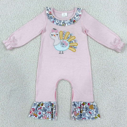 Baby Girls Embroidery Flowers Turkey Thanksgivings Ruffle Pant Rompers LR3216