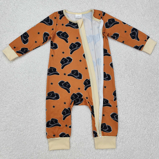 Baby Infant Boys Rompers Brown Western Hats Long Sleeve Zip Rompers LR1758