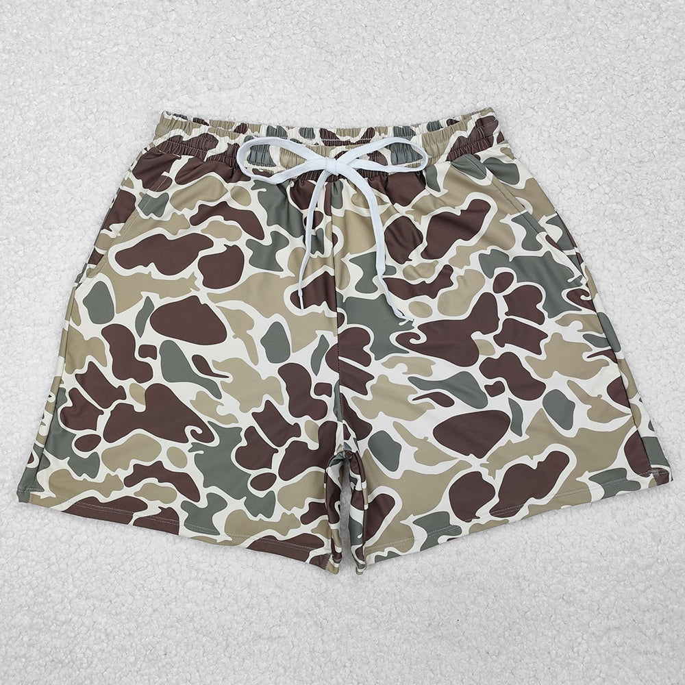 Adult Man Swim Trunks Green Camouflage Pockets Bottom Trunks Shorts Swimwear S0474