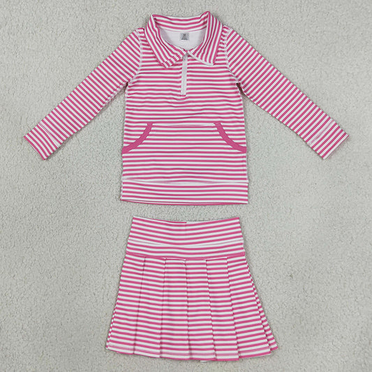 Baby Girls Pink Stripe Pockets Zip Pullovers Pleated Skirt Short Yoga Active Clothes Set GLD1699