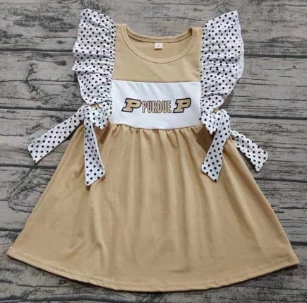 Preorder moq 5 Baby Girls Polka Dots Flutter Sleeves PURDUE Bows Knee Length Dresses 4.23