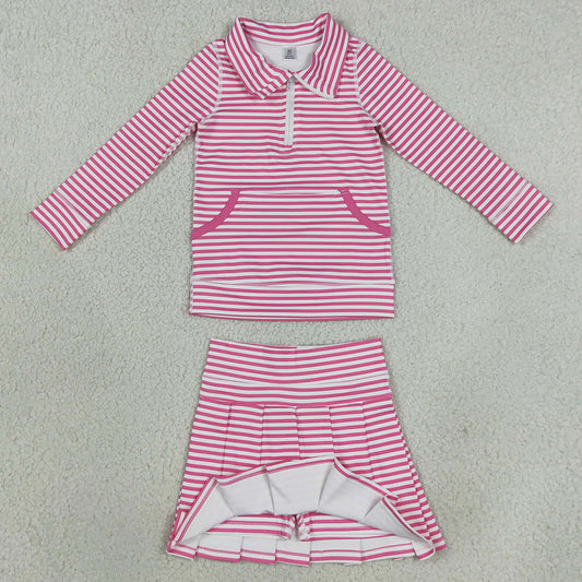 Baby Girls Pink Stripe Pockets Zip Pullovers Pleated Skirt Short Yoga Active Clothes Set GLD1699