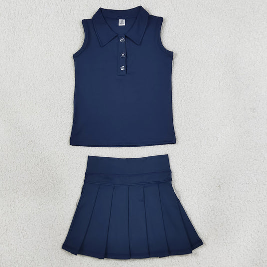 Baby Girls Clothes Navy Sleeveless Button Vest Top Pleated Skirt Shorts Yoga Active Clothes Set GSD2796