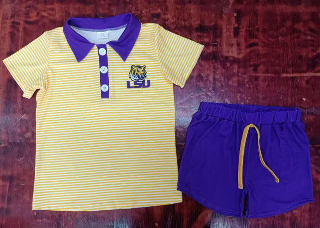 Preorder moq 5 Baby Boys Yellow Short Sleeves Tiger LSU Button Top Short Set 5.8