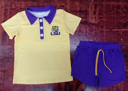Preorder moq 5 Baby Boys Yellow Short Sleeves Tiger LSU Button Top Short Set 5.8
