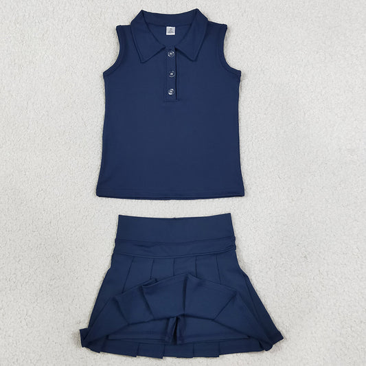 Baby Girls Clothes Navy Sleeveless Button Vest Top Pleated Skirt Shorts Yoga Active Clothes Set GSD2796