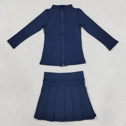 Baby Girls Clothes Navy Zip Pockets Jacket Top Pleated Skirt Short Yoga Active Clothes Set GLD1705